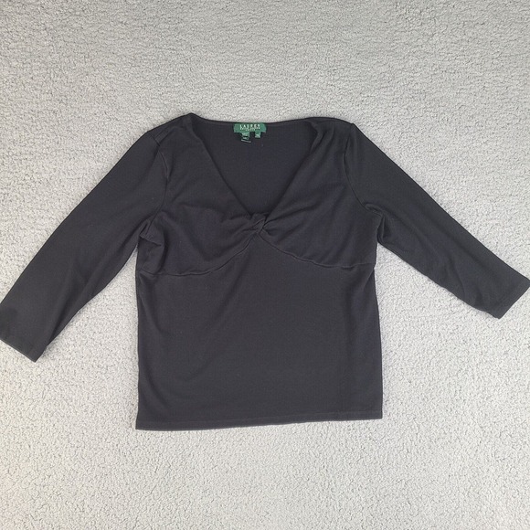 Lauren Ralph Lauren Top Women's Size P/L Basic Black Solid Cotton V-Neck Petite - Picture 1 of 11